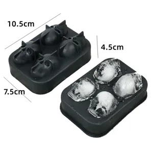 4-cavity silicone skull ice mold for Halloween whiskey drinks, measures 10.5x7.5x4.5cm