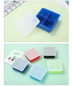 Set of colorful 4-grid food grade silicone ice cube molds featuring transparent lids