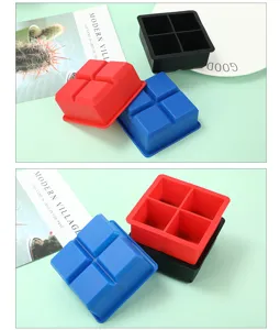 Detailed view showing the flexible 4-cavity square silicone ice cube molds in multiple colors