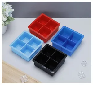 Set of four colorful 4-grid square silicone ice cube molds for large square ice cubes