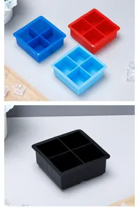 Close-up view of 4-grid square silicone ice cube trays in multiple vibrant colors.