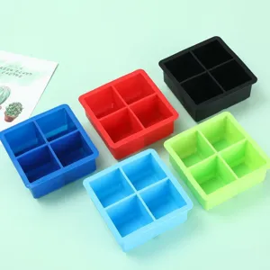 Colorful 4-grid square silicone ice cube tray molds in various vibrant colors