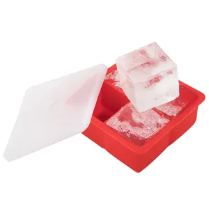 Square 4-cavity red silicone ice cube tray mold with translucent lid and ice cubes
