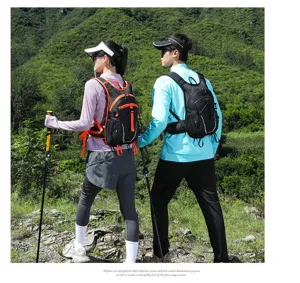 Professional outdoor breathable hiking backpack shown on models in a mountain scenery.