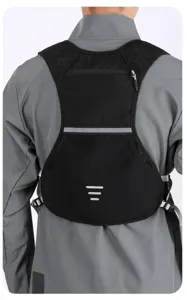 Back view of a lightweight black running vest with reflective strips for outdoor sports