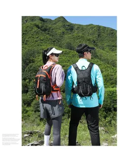 Lifestyle view of black and orange lightweight cycling running backpacks on hikers