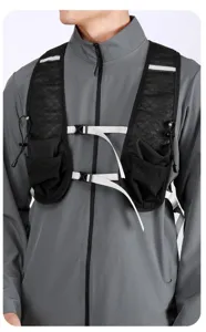 Close-up of lightweight sports running vest backpack showing adjustable chest straps.