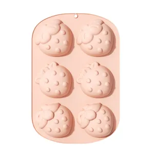 6-cavity strawberry shaped pink silicone cake mold for DIY baking and oven use
