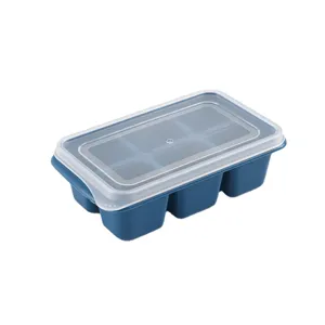 Durable blue 6-grid large ice cube tray with translucent sealing lid for home use