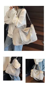 Detailed macro views showing light grey waterproof travel bag from different angles