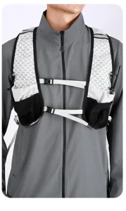 Detail view of lightweight running hydration vest with adjustable elastic chest straps