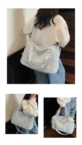 Multiple views of large capacity light blue waterproof travel bag for gym and sports