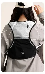 Back view of a lightweight running hydration vest with breathable honeycomb mesh and zipper pocket