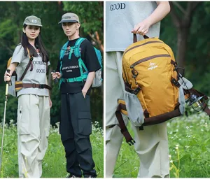Zaino da trekking capiente per uomo e donna mostrato in uno splendido scenario naturale