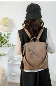 Stylish brown leather backpack for women, large capacity casual travel bag and daily daypack.
