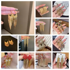 Korean Style Long Tassel Drop Earrings For Women 925 Sterling Silver Earring Post Rhinestone Inlaid Geometric Jewelry
