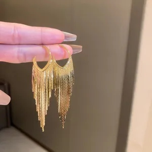 Detail view of elegant gold-plated long fringe earrings with a luxurious chain tassel design