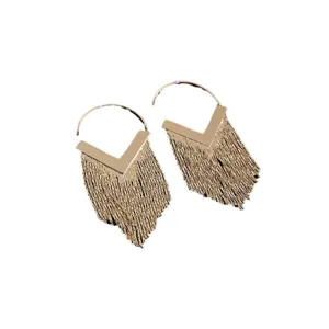 High-quality detailed view of elegant gold-finished V-shape fringe tassel earrings
