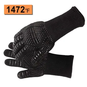 Heat resistant BBQ gloves, black silicone non-slip knitted oven gloves for grilling and baking.