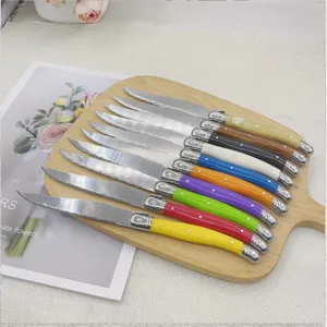 Close-up of colorful Laguiole steak knives with serrated stainless steel blades