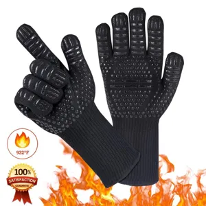 Heat resistant BBQ gloves with silicone grips for kitchen cooking, baking, and grilling safety.