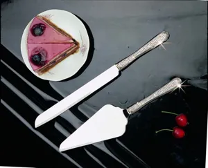 Detailed view of stainless steel cake knife and server set with rhinestone handles