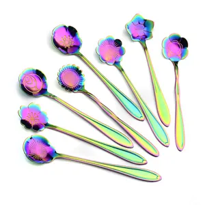 Rainbow titanium plated stainless steel flower shape coffee spoons set, dessert stirring spoons.