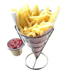 Professional cone-shaped stainless steel french fry stand with side dipping sauce cup