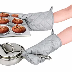 Silver quilted heat resistant oven mitts for baking and handling hot kitchenware