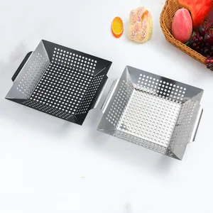 Cesta Cuadrada para Barbacoa de Acero Inoxidable Con Asas Bandeja Perforada para Verduras Herramienta de Cocina para Camping