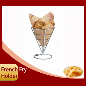Detailed view of a silver plated cone-shaped snack stand for French fries and fried chicken