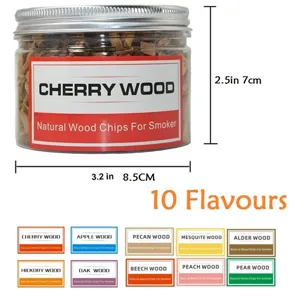 Detail of 70g natural wood chips in a jar showing dimensions and 10 flavor varieties