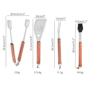 Dimensions and weights for 4-piece stainless steel BBQ grill tool set with wood handles