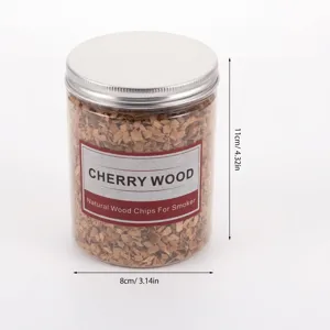 Natural cherry wood chips for cocktail smokers, 125g medium bottle with dimensions 8x11cm.