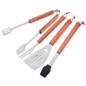 Overhead view of a 4-piece stainless steel BBQ tool set featuring wooden handles and straps