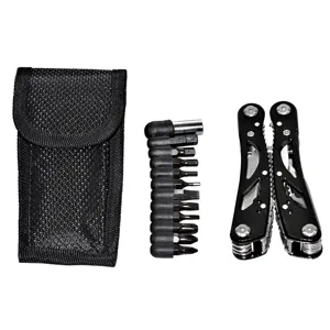 Gedetailleerd overzicht van de zwarte multitooltang, bitjesset en het nylon etui.