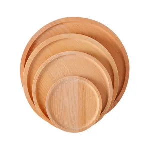 Juego de cuatro bandejas redondas de madera de haya natural para servir pan y café