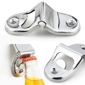 Detail view of stainless steel wall-mounted bottle opener showing usage on a beer bottle