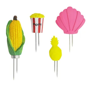 Set of 4 stainless steel corn forks with cartoon vegetable and popcorn handles