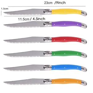 Detailed macro view of colorful stainless steel Laguiole steak knives with dimensions.