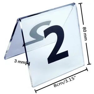 V-shaped transparent acrylic table number card with 80mm height and 8cm width dimensions