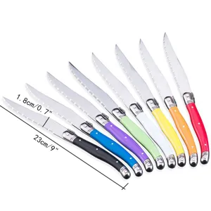 Colorful stainless steel steak knife set of 8 with ergonomic plastic handles for kitchen.