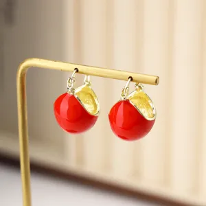Elegant vintage red enamel bowl shaped hoop earrings with high-end gold-plated jewelry design