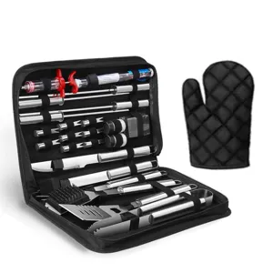 Detailansicht des 25-teiligen Edelstahl-Grillbesteck-Sets in schwarzer Oxford-Tasche