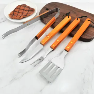 Stainless Steel BBQ Grill Tongs Spatula Meat Fork Knife Wood Handle Outdoor Cooking Barbecue Grilling Tools Accessories
