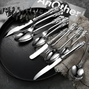 European vintage embossed 304 stainless steel cutlery set with steak knives and spoons