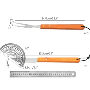 Detail of wood handle BBQ fork and knife with precise dimensions and weight info.