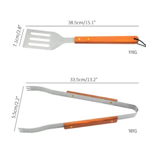 Detailed view of stainless steel BBQ spatula and tongs with dimensions and weight info
