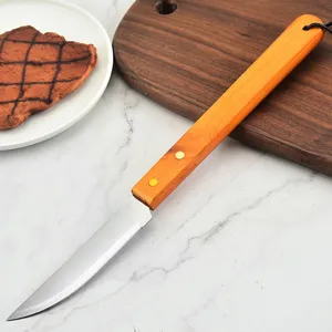 Close-up detail of a sharp BBQ meat knife with ergonomic polished wooden handle
