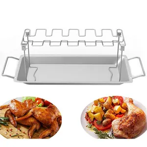 Detail of stainless steel folding chicken leg rack with drip tray and roasted food examples